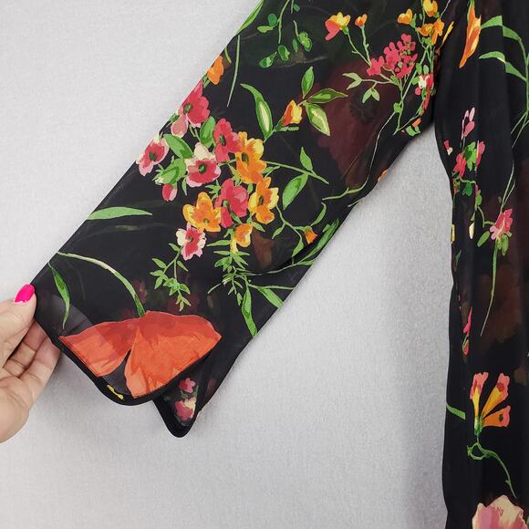 Vintage Women's M Semi Sheer Robe Kimoni Black‎ Floral Beaded Lace Trim - Picture 3 of 10